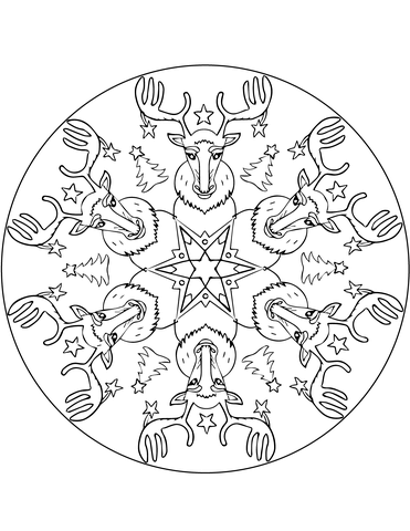 Christmas Mandala With Reindeers Coloring Page